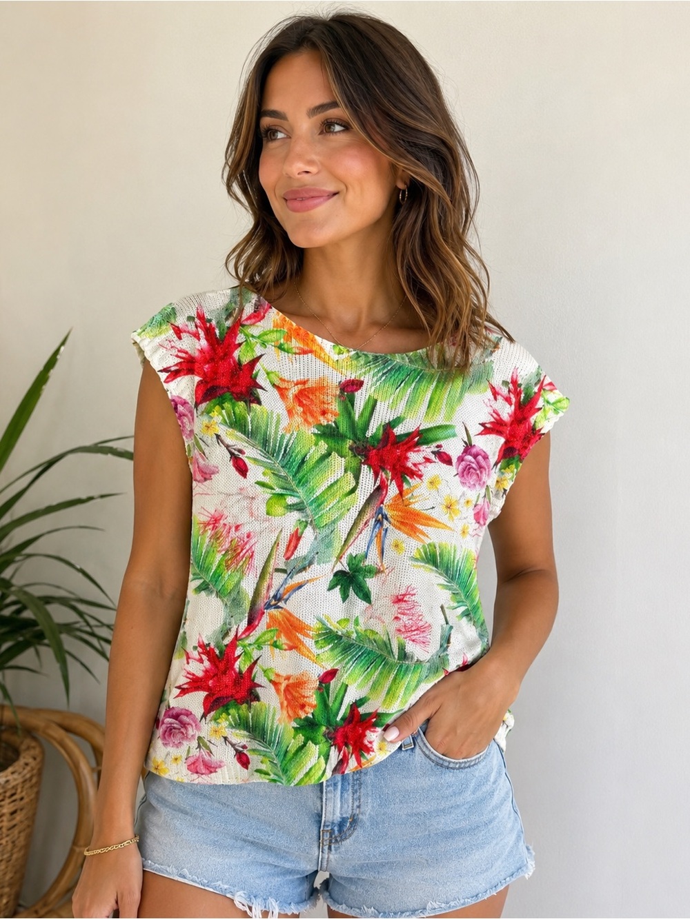 Luisa Ricci Bright Floral Knit Blouse Cap Sleeve Top Made in Italy Women’s Large